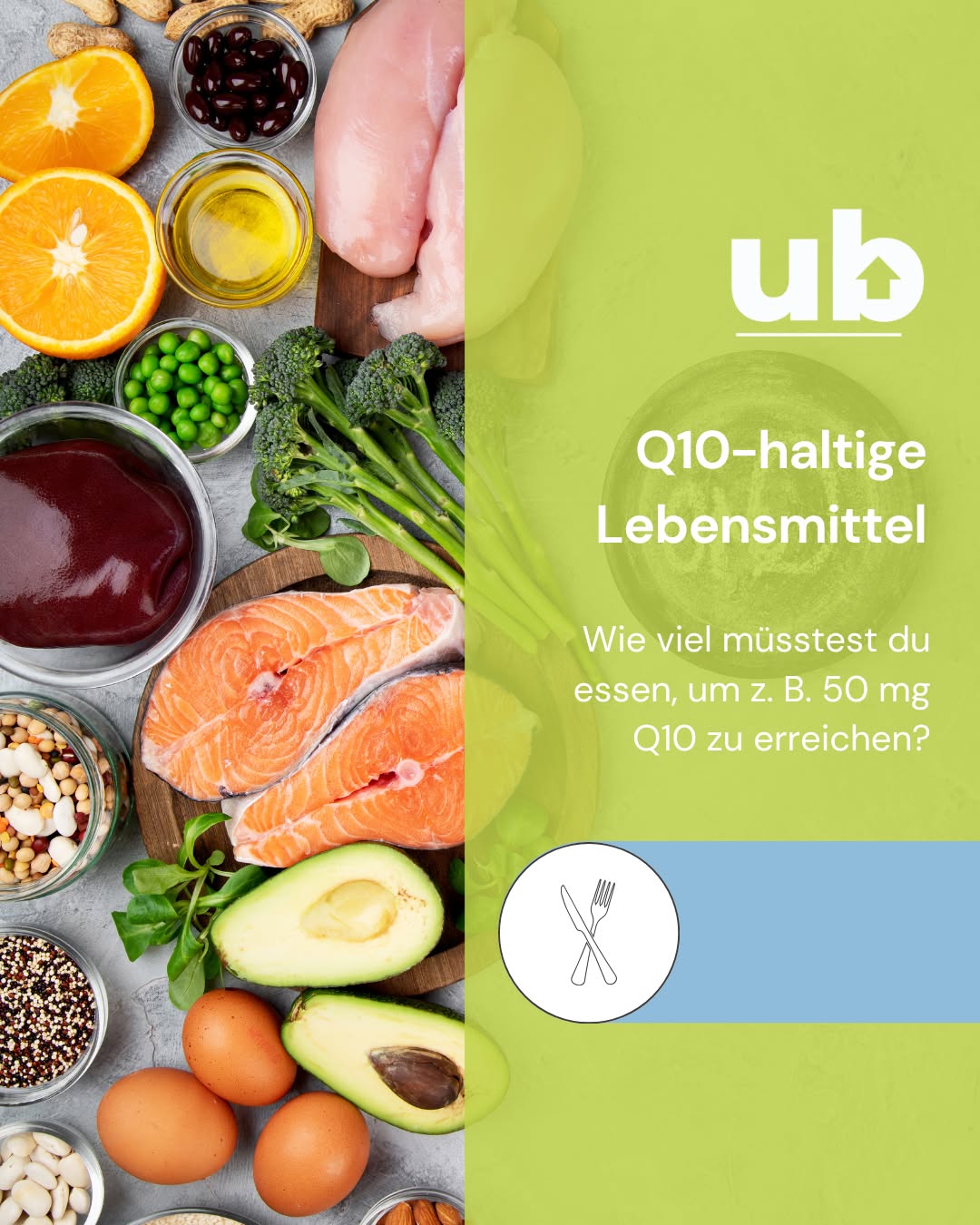 Unsere Ernährung liefert im Schnitt nur ca. 3–6 mg Q10/Tag – Hauptquellen sind Fleisch, Fisch, Nüsse & einige Öle. 🐟🥩🥜⚖️ 
 
Gleichzeitig nimmt die körpereigene Q10-Bildung mit dem Alter ab. 

Wie viel müsstest du essen, um z. B. 50 mg Q10 zu erreichen? (gerundete Beispiele): 
• Sardinen ~ 780 g (6,4 mg/100 g) 
• Rindfleisch ~ 1,5 kg (3,3 mg/100 g) 
• Erdnüsse ~ 1,85 kg (2,7 mg/100 g) 
• Geflügel ~ 2,8 kg (1,8 mg/100 g) 

Hier kommt Ubiquinol ins Spiel: die aktive Form von Q10, die direkt an der mitochondrialen Energiegewinnung mitwirkt und antioxidativ schützt, als Ergänzung neben einer ausgewogenen Ernährung, besonders wenn die Eigenproduktion mit den Jahren nachlässt. 
 
Mehr Infos auf www.ubiquinol.info. 

#Q10 #Ubiquinol #CoQ10 #Zellenergie #HealthyAging #Ernährung #FischFleischNüsse