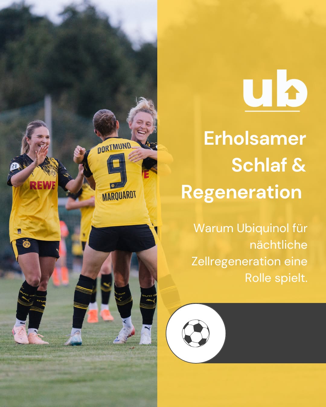 Abpfiff, Flutlicht aus, Adrenalin runter. Jetzt zählt, was oft unsichtbar bleibt: erholsamer Schlaf. In der Nacht sortiert der Körper Reize, repariert Gewebe und lädt die Zellenergie neu auf. Genau hier wird der Grundpfeiler für Gesundheit gelegt. 

Ubiquinol kann dabei eine Rolle spielen: Es ist die aktive Form von Q10, wirkt als Antioxidans in den Zellmembranen und unterstützt die ATP-Bildung in den Mitochondrien. Wenn nachts Regeneration Priorität hat, hilft ein stabiles Antioxidanzien-Gleichgewicht den Zellen, „aufzuräumen“ und bereit für den nächsten Tag zu sein. 

Was hilft: fester Schlafrhythmus, abends runterdimmen, nicht zu spät essen, nur leichte Kost und Ubiquinol als gezielte Ergänzung in eine durchdachte Routine integrieren. So entsteht die Basis, um Höchstleistung zu erbringen: Beim Team in Schwarzgelb und bei dir zu Hause. 🟡⚫️ 

#BVB #BVBFrauen #Schlaf #Regeneration #Ubiquinol #CoQ10 #Zellenergie #Mitochondrien #Erholung #Alltagsleistung #HejaBVB